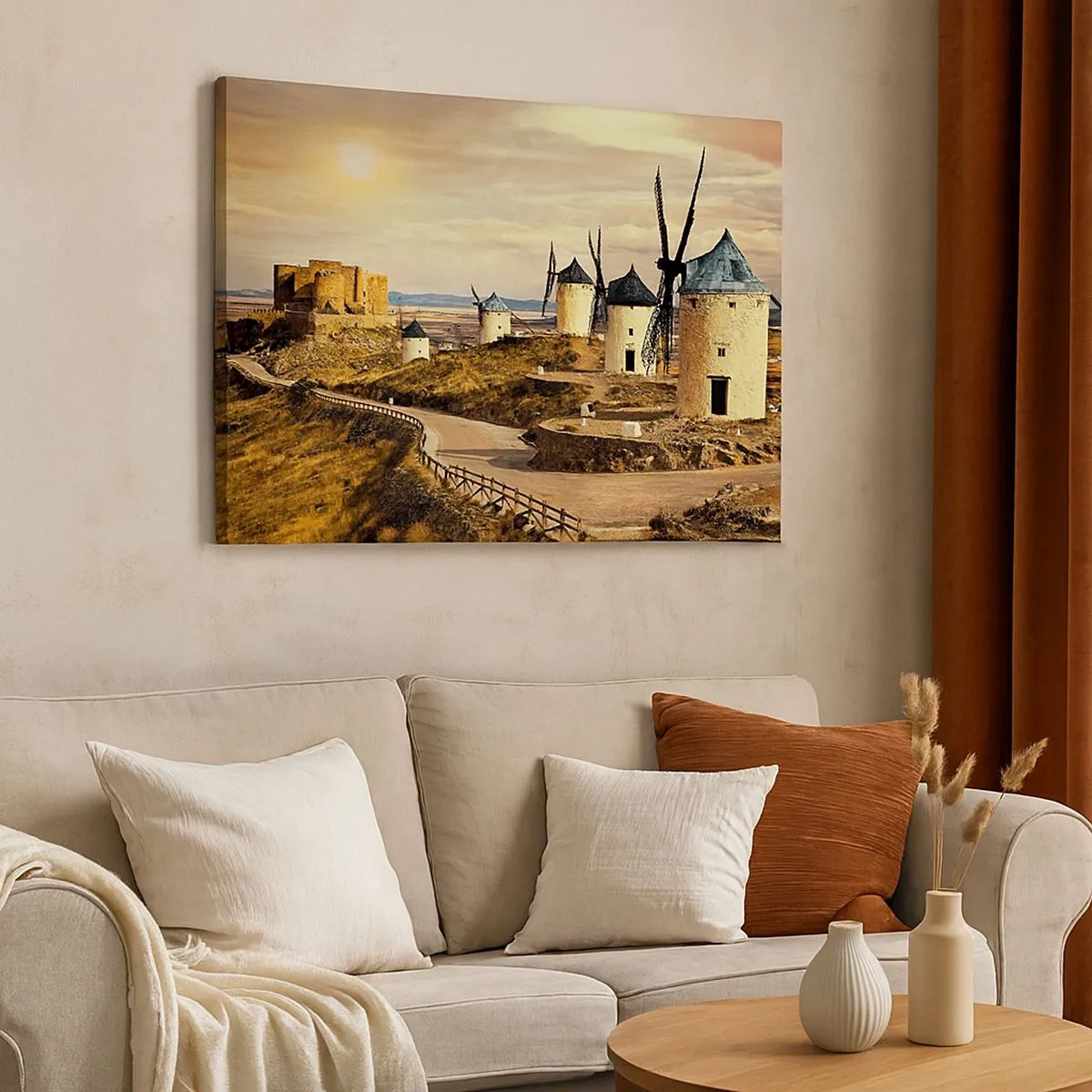 Bild auf Leinwand - Leinwandbild - Windmühlen auf den Hügeln mit einer historischen Burg im Hintergrund - 70x50cm - Don Quijote kommt gleich - Moderne Wanddekoration für Wohnzimmer und Schlafzimmer ARTTOR