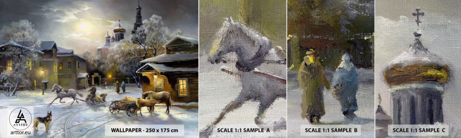 Fototapeten Muster Premium Canvas - Die Magie des russischen Winters - Landschaft, Dorf, Winter auf dem Land - 100x30 cm