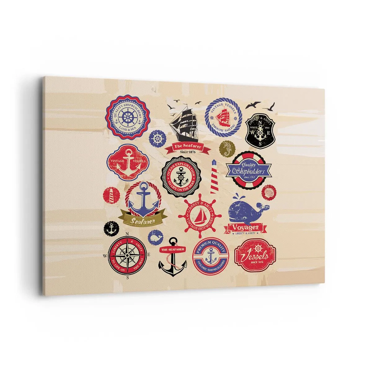 Bild auf Leinwand - Leinwandbild - Eine Sammlung nautischer Grafiken und Symbole auf hellem Hintergrund - 100x70cm - Segelbruderschaft - Moderne Wanddekoration für Wohnzimmer und Schlafzimmer ARTTOR