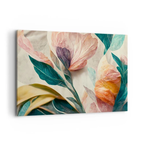 Bild auf Leinwand - Leinwandbild - Bunte Blumen im tropischen Stil auf hellem Hintergrund - 120x80cm - Blumen der südlichen Inseln - Moderne Wanddekoration für Wohnzimmer und Schlafzimmer ARTTOR