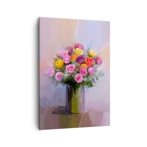 Bild auf Leinwand - Leinwandbild - Ein Strauß bunter Rosen in einer Glasvase - 50x70cm - Festgehaltene Schönheit - Moderne Wanddekoration für Wohnzimmer und Schlafzimmer ARTTOR