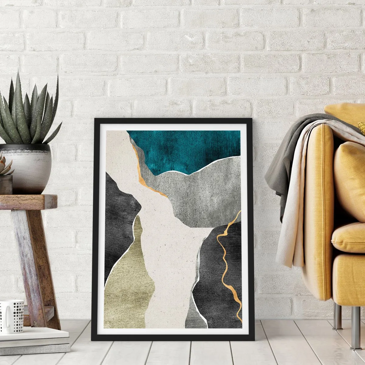 Poster in einem schwarzem Rahmen - Abstrakte Komposition mit geometrischen Formen - 50x70cm - Mosaikkomposition mit Goldfaden - Moderne Wanddekoration für Wohnzimmer und Schlafzimmer ARTTOR