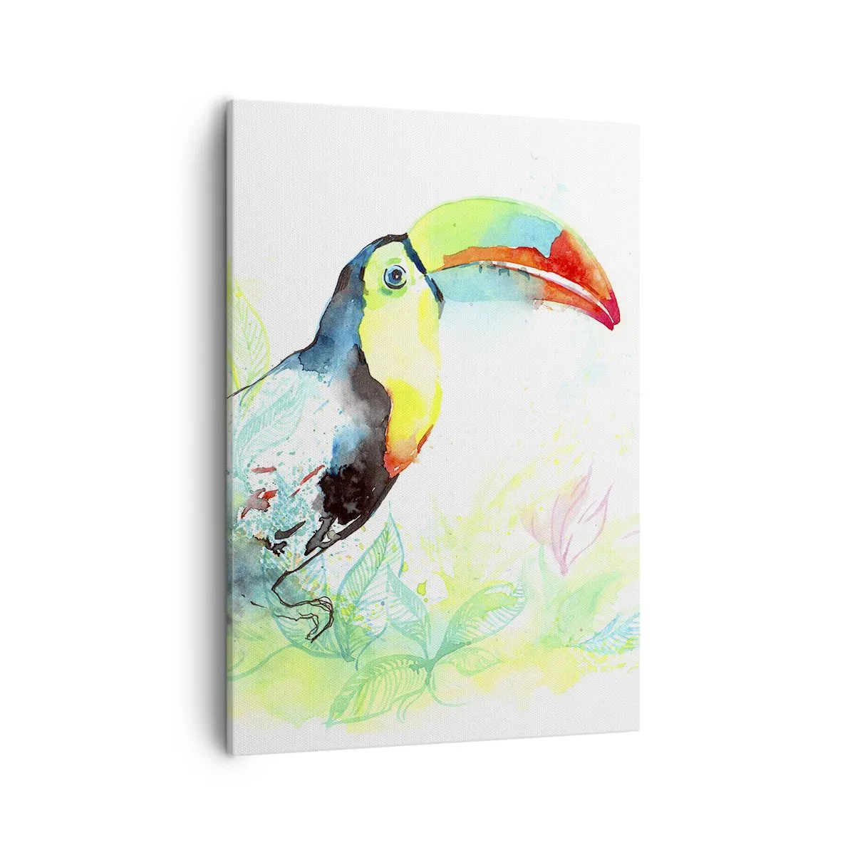 Bild auf Leinwand - Leinwandbild - Aquarell-Illustration eines Tukans auf tropischem Hintergrund - 50x70cm - So bunt wie Südamerika - Moderne Wanddekoration für Wohnzimmer und Schlafzimmer ARTTOR