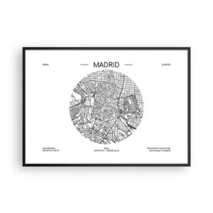 Poster in einem schwarzem Rahmen - Karte von Madrid im minimalistischen Schwarz-Weiß-Stil - 100x70cm - Anatomie von Madrid - Moderne Wanddekoration für Wohnzimmer und Schlafzimmer ARTTOR