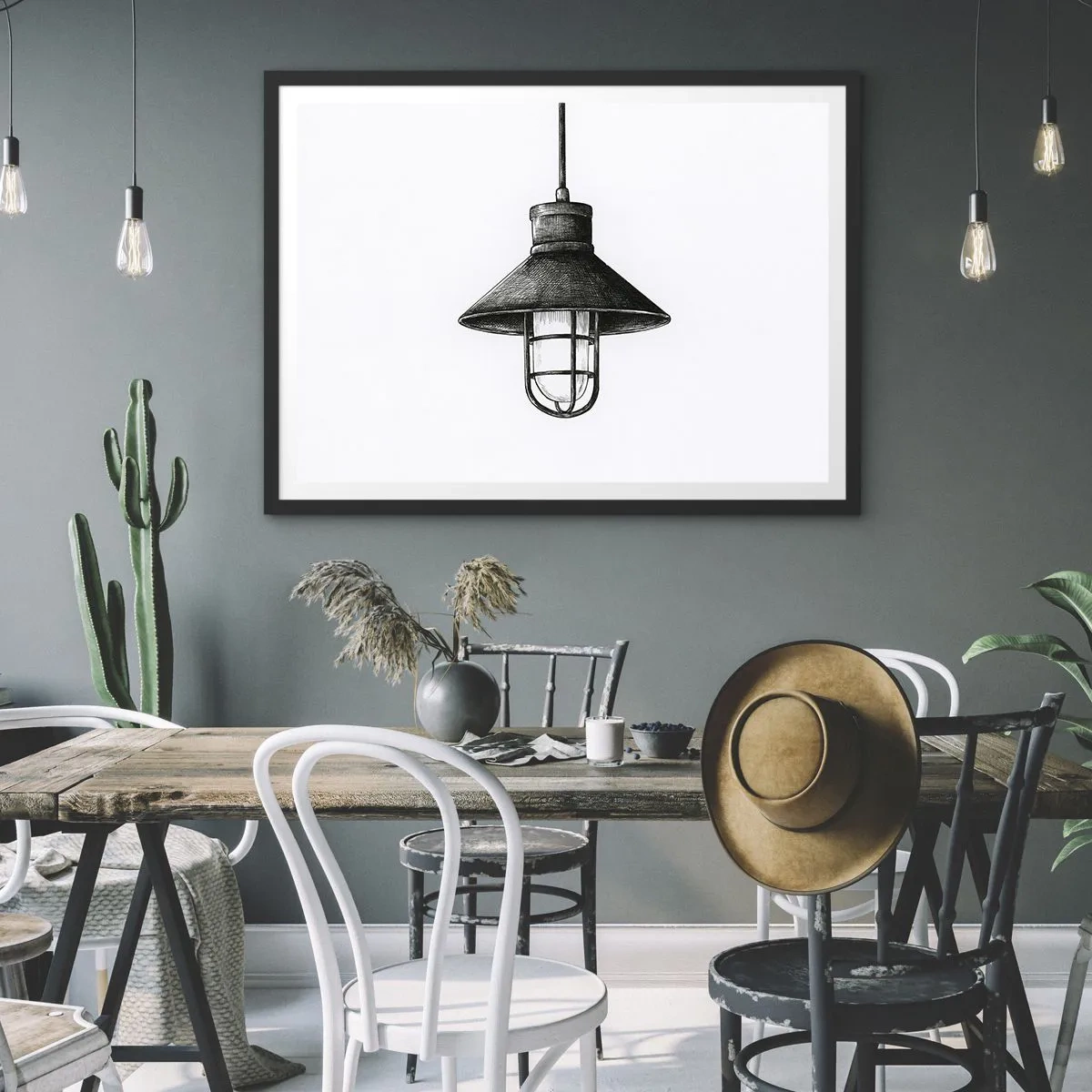 Poster in einem schwarzem Rahmen - Zeichnung einer Retro-Hängelampe auf weißem Hintergrund - 70x50cm - Wie vor Jahren… - Moderne Wanddekoration für Wohnzimmer und Schlafzimmer ARTTOR