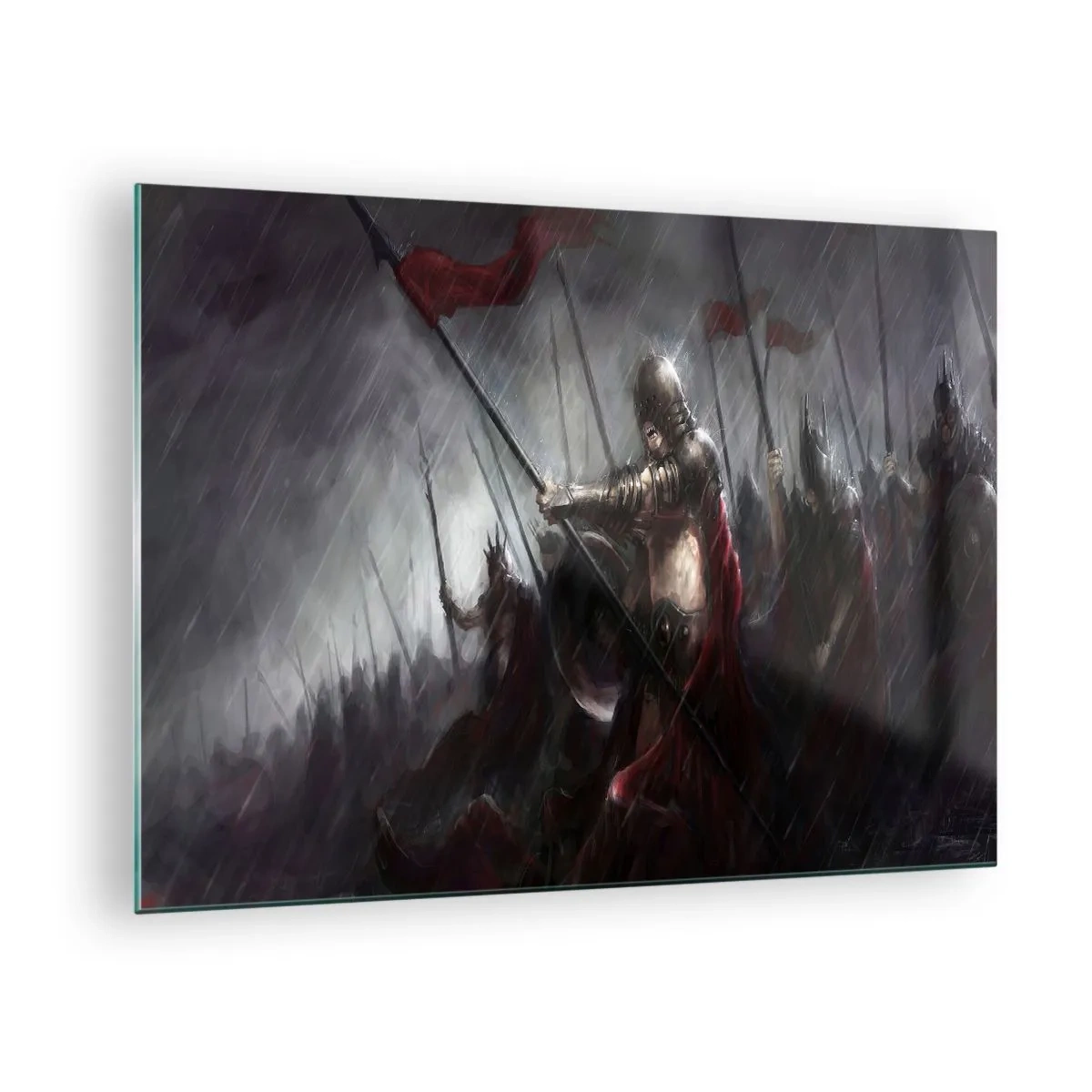 Glasbild - Bild auf glas - Ritter im Regen auf dem Schlachtfeld in voller Montur - 70x50cm - Passant, sag Sparta ... - Moderne Wanddekoration für Wohnzimmer und Schlafzimmer ARTTOR