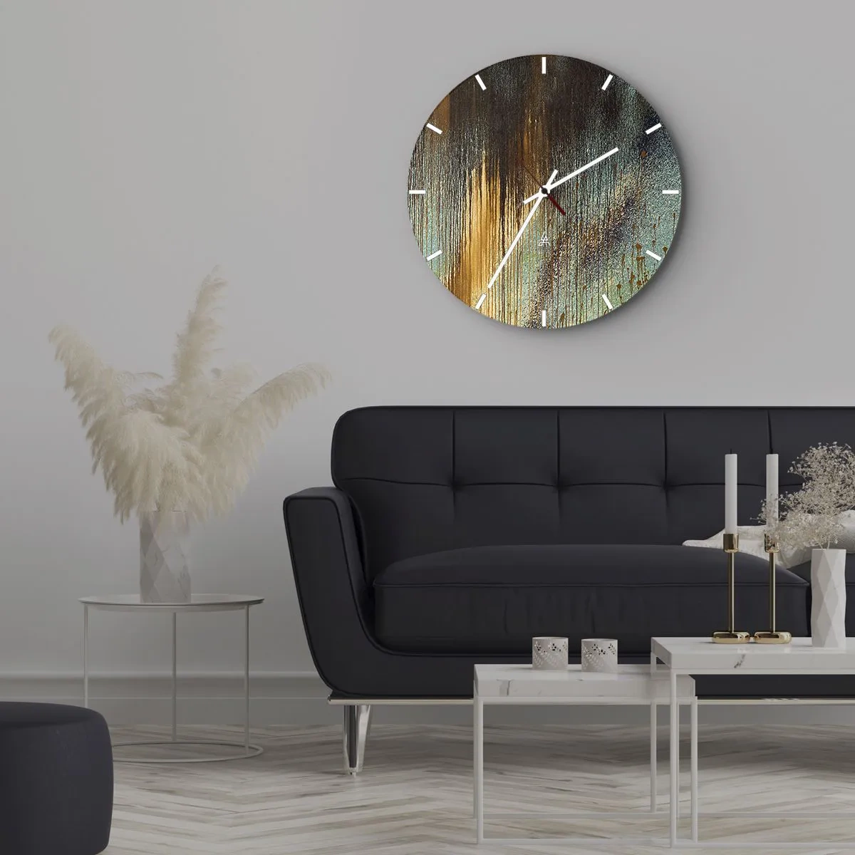 Wanduhr - Glasuhr - Abstrakte Farbstreifen in Gold, Blau und Schwarz - 30x30cm - Eine nicht zufällige farbenfrohe Komposition - Moderne Wanddekoration für Wohnzimmer, Küche und Schlafzimmer ARTTOR