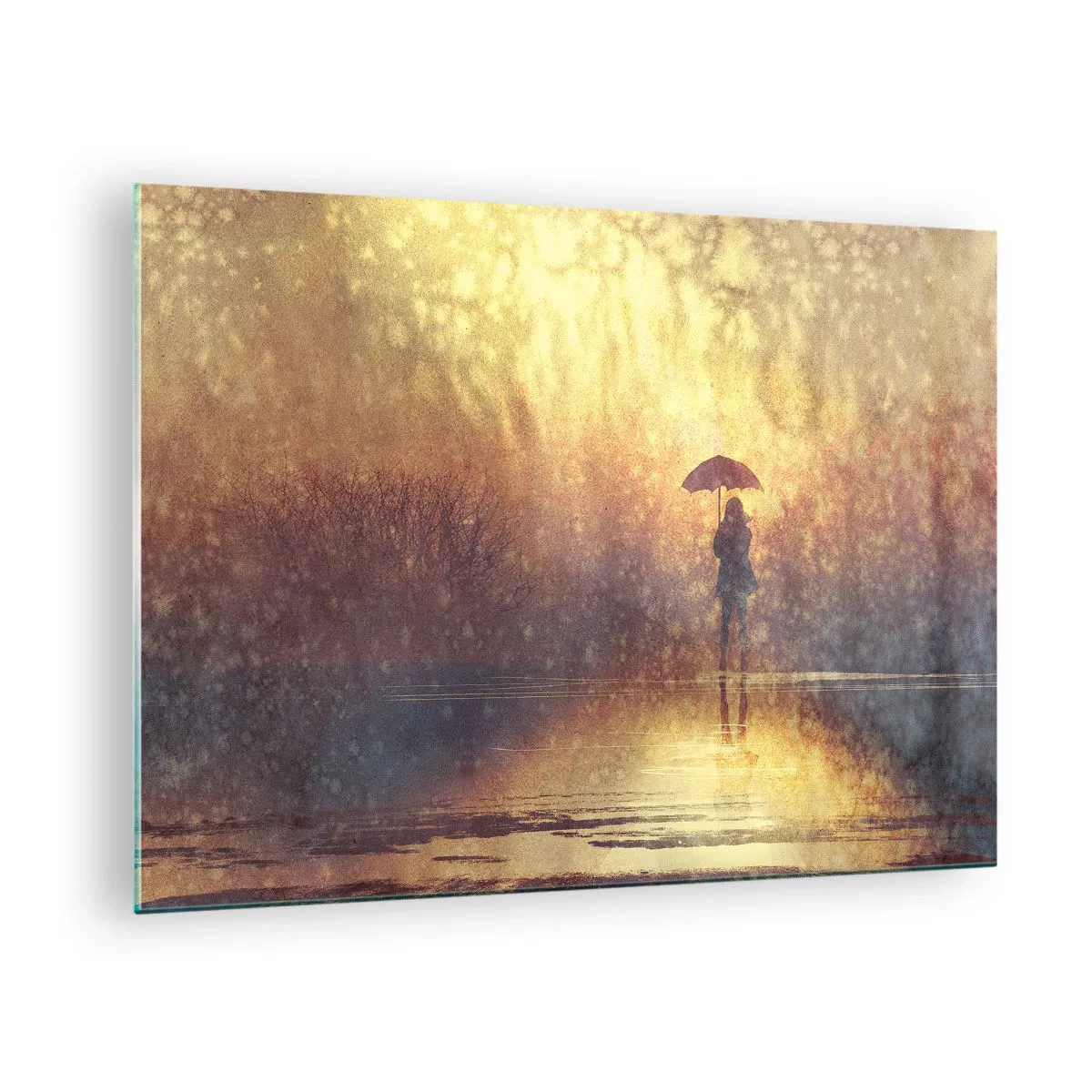 Glasbild - Bild auf glas - Eine Figur mit Regenschirm im Licht der untergehenden Sonne und des Regens - 70x50cm - Ich habe das Gefühl, dass mich jemand ansieht - Moderne Wanddekoration für Wohnzimmer und Schlafzimmer ARTTOR