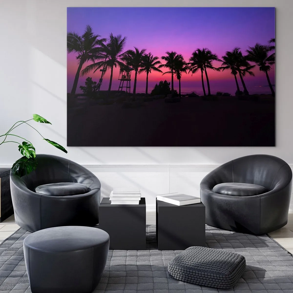 Glasbild - Bild auf glas - Palmen vor dem Hintergrund eines lila-rosa Sonnenuntergangs - 100x70cm - Abend unter Palmen - Moderne Wanddekoration für Wohnzimmer und Schlafzimmer ARTTOR