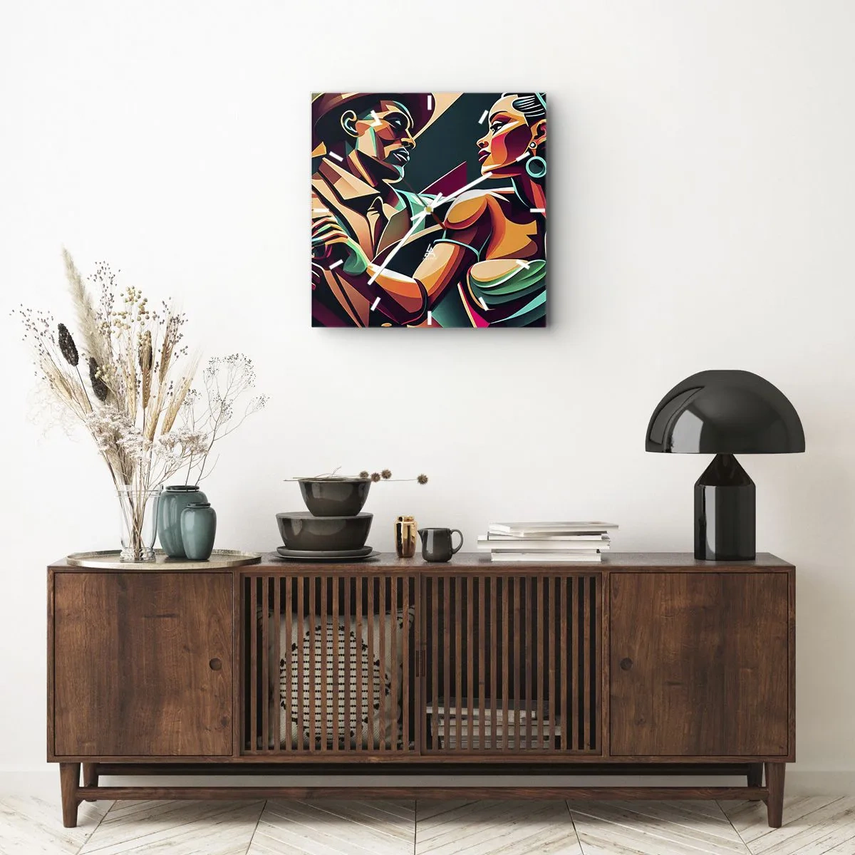Wanduhr - Glasuhr - Ein stilisiertes Paar, das in leuchtenden, geometrischen Farben tanzt. - 30x30cm - Im Rhythmus des Herzens - Moderne Wanddekoration für Wohnzimmer und Schlafzimmer ARTTOR