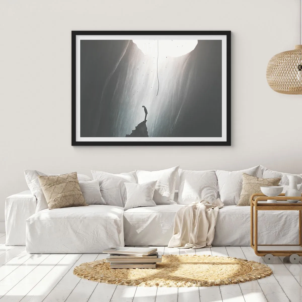 Poster in einem schwarzem Rahmen - Silhouette eines Mannes auf dem Boden einer Höhle mit Blick auf das Licht - 100x70cm - Es gibt immer einen Ausweg - Moderne Wanddekoration für Wohnzimmer und Schlafzimmer ARTTOR