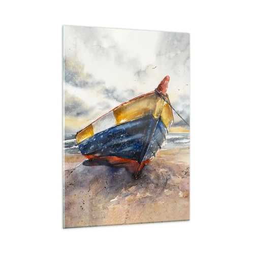 Glasbild - Bild auf glas - Ein buntes Boot am Strand an einem bewölkten Tag - 50x70cm - Erholung am Ufer - Moderne Wanddekoration für Wohnzimmer und Schlafzimmer ARTTOR