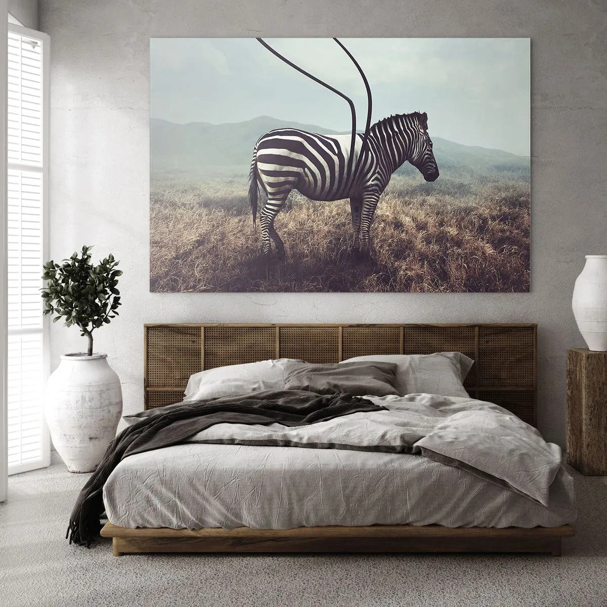 Glasbild - Bild auf glas - Zebra auf Grashintergrund mit surrealen Antennendetails - 70x50cm - Achtung! Fehler - Moderne Wanddekoration für Wohnzimmer und Schlafzimmer ARTTOR