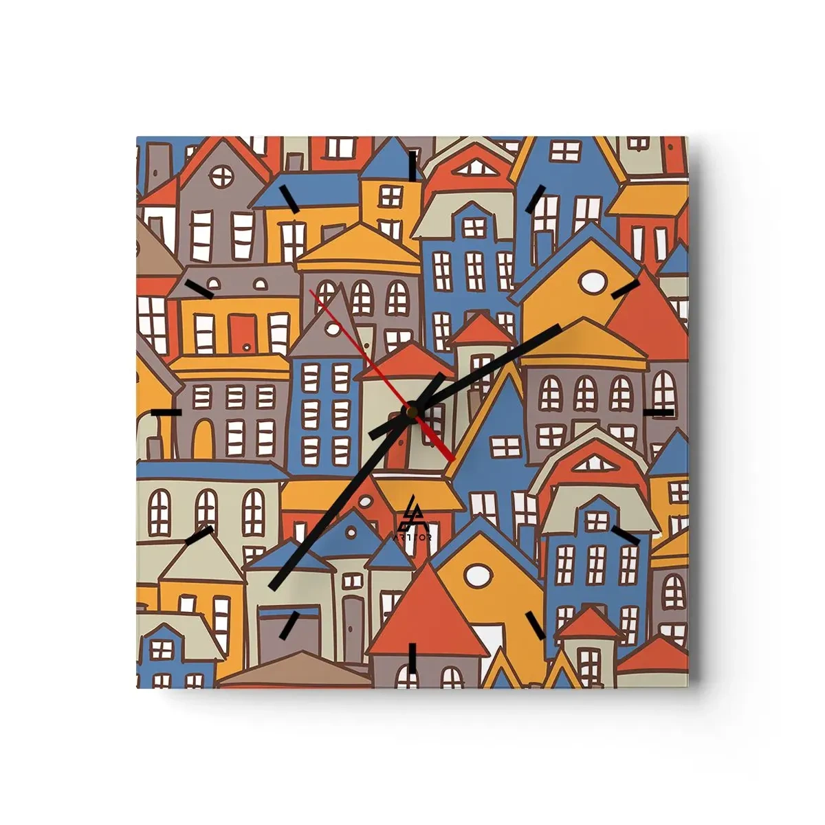 Wanduhr - Glasuhr - Bunte Häuser im grafischen Stil auf hellem Hintergrund - 30x30cm - Hinter dem Haus ist das Haus - Moderne Wanddekoration für Wohnzimmer und Schlafzimmer ARTTOR