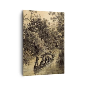 Bild auf Leinwand - Leinwandbild - Zeichnung eines Dschungels mit einem Boot auf einem Fluss - 50x70cm - Expedition zur Quelle - Moderne Wanddekoration für Wohnzimmer und Schlafzimmer ARTTOR
