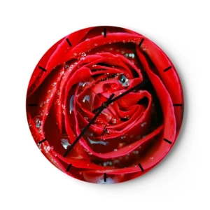 Wanduhr - Glasuhr - Eine Nahaufnahme einer roten Rose, die mit Wassertropfen bedeckt ist - 30x30cm - In den Tautropfen - Moderne Wanddekoration für Wohnzimmer, Küche und Schlafzimmer ARTTOR