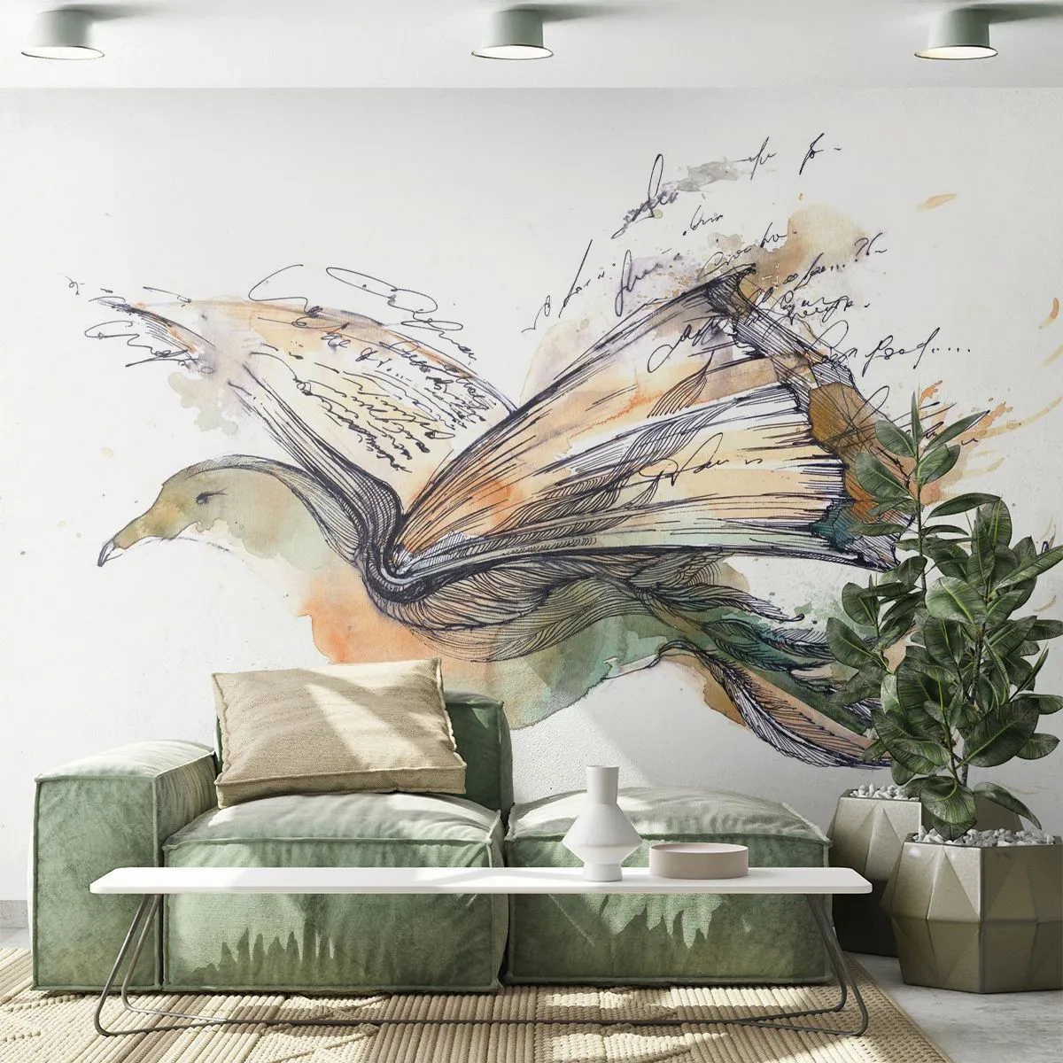 Selbstklebende Fototapete Deluxe Sticker - Auf den Flügeln der Poesie - Abstraktion, Vogel, Buch - 250x175 cm