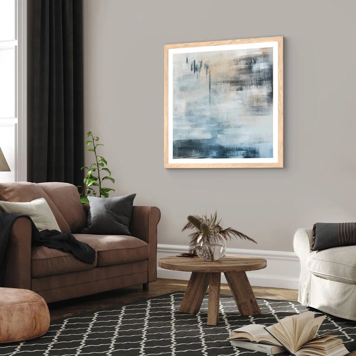 Poster in einem Rahmen aus heller Eiche - Hinter dem blauen Vorhang - 40x40 cm