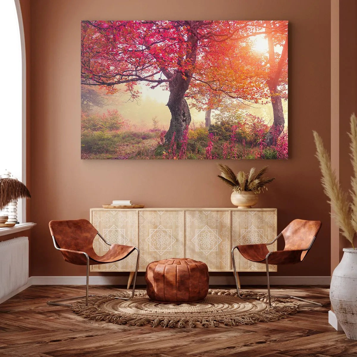 Bild auf Leinwand - Leinwandbild - Herbstlandschaft mit Bäumen in intensiven Farben - 70x50cm - Blühende Raserei - Moderne Wanddekoration für Wohnzimmer und Schlafzimmer ARTTOR