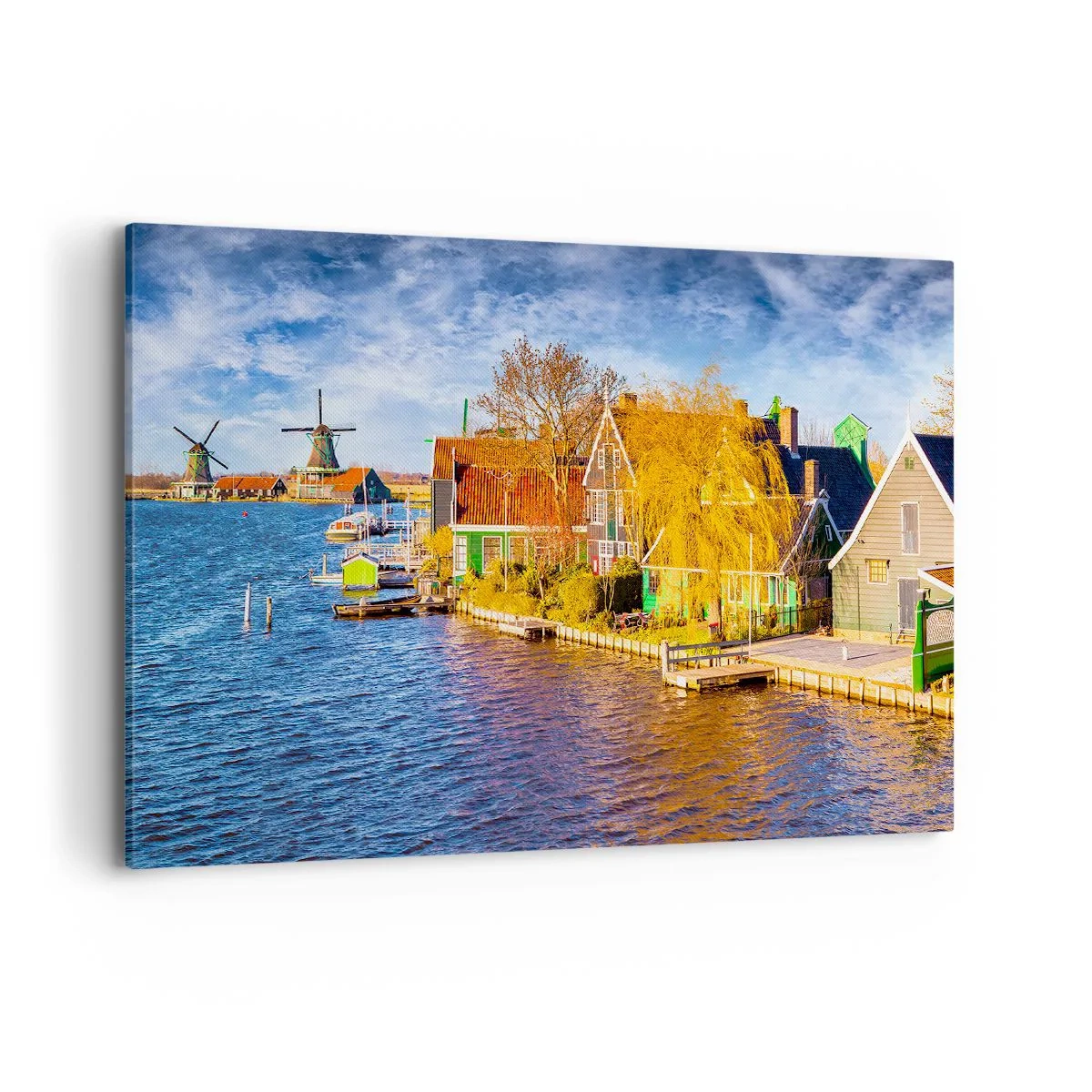 Bild auf Leinwand - Leinwandbild - Malerische Häuser und Windmühlen am Wasser - 100x70cm - Seit Jahrhunderten keine Veränderung - Moderne Wanddekoration für Wohnzimmer und Schlafzimmer ARTTOR