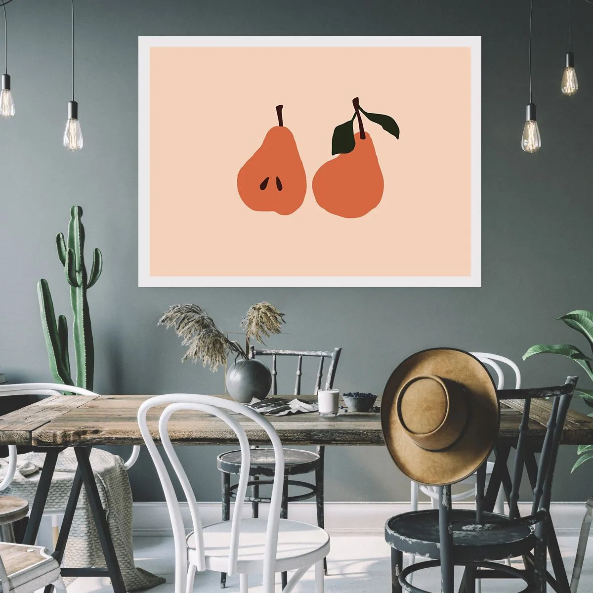 Poster - Eine minimalistische Illustration von zwei Birnen auf beigem Hintergrund. - 100x70cm - Pure Süße - Moderne Wanddekoration für Wohnzimmer und Schlafzimmer ARTTOR