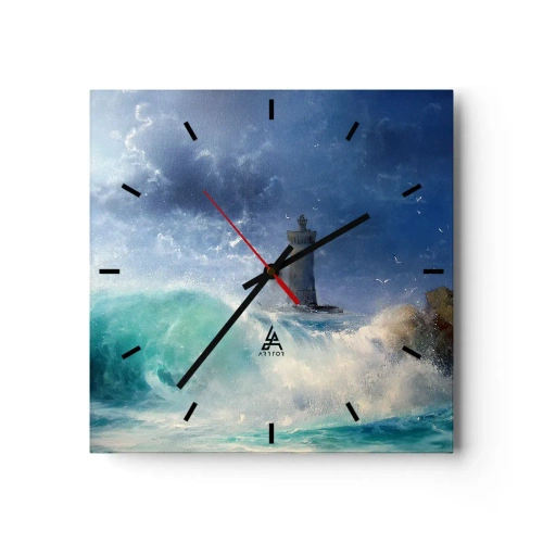 Wanduhr - Glasuhr - Ein Leuchtturm, umgeben von rauen Wellen und Wolken - 30x30cm - Auf der Hut vor den Elementen - Moderne Wanddekoration für Wohnzimmer und Schlafzimmer ARTTOR