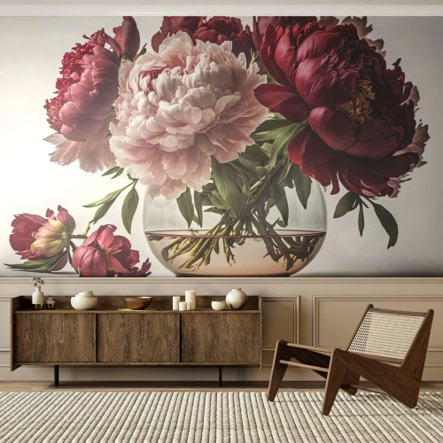 Maßgeschneiderte selbstklebende Fototapete Deluxe Sticker - In voller Schönheit - Blumenstrauß, Vase, Pfingstrosen