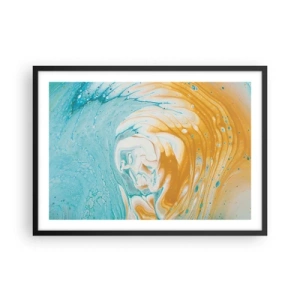 Poster in einem schwarzem Rahmen - Abstrakte Wellen in Blau- und Goldtönen auf Leinwand - 70x50cm - Pastellwirbel - Moderne Wanddekoration für Wohnzimmer und Schlafzimmer ARTTOR