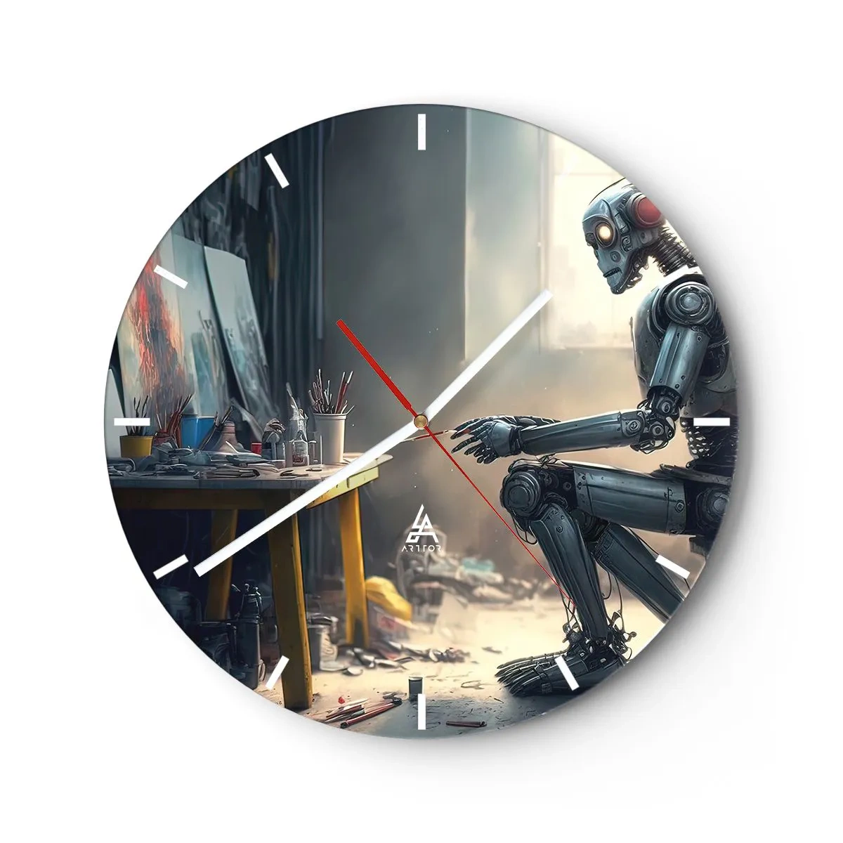 Wanduhr - Glasuhr - Ein Roboter an einem Maltisch in einem Kunstatelier - 30x30cm - Schöpfungsakt - Moderne Wanddekoration für Wohnzimmer, Küche und Schlafzimmer ARTTOR