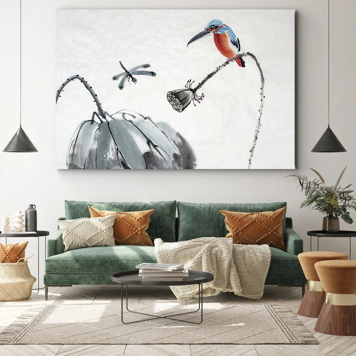 Bild auf Leinwand - Leinwandbild - Ein bunter Vogel vor einem Hintergrund aus Vegetation und einer Libelle - 100x70cm - Das Leben der Wiese - Moderne Wanddekoration für Wohnzimmer und Schlafzimmer ARTTOR