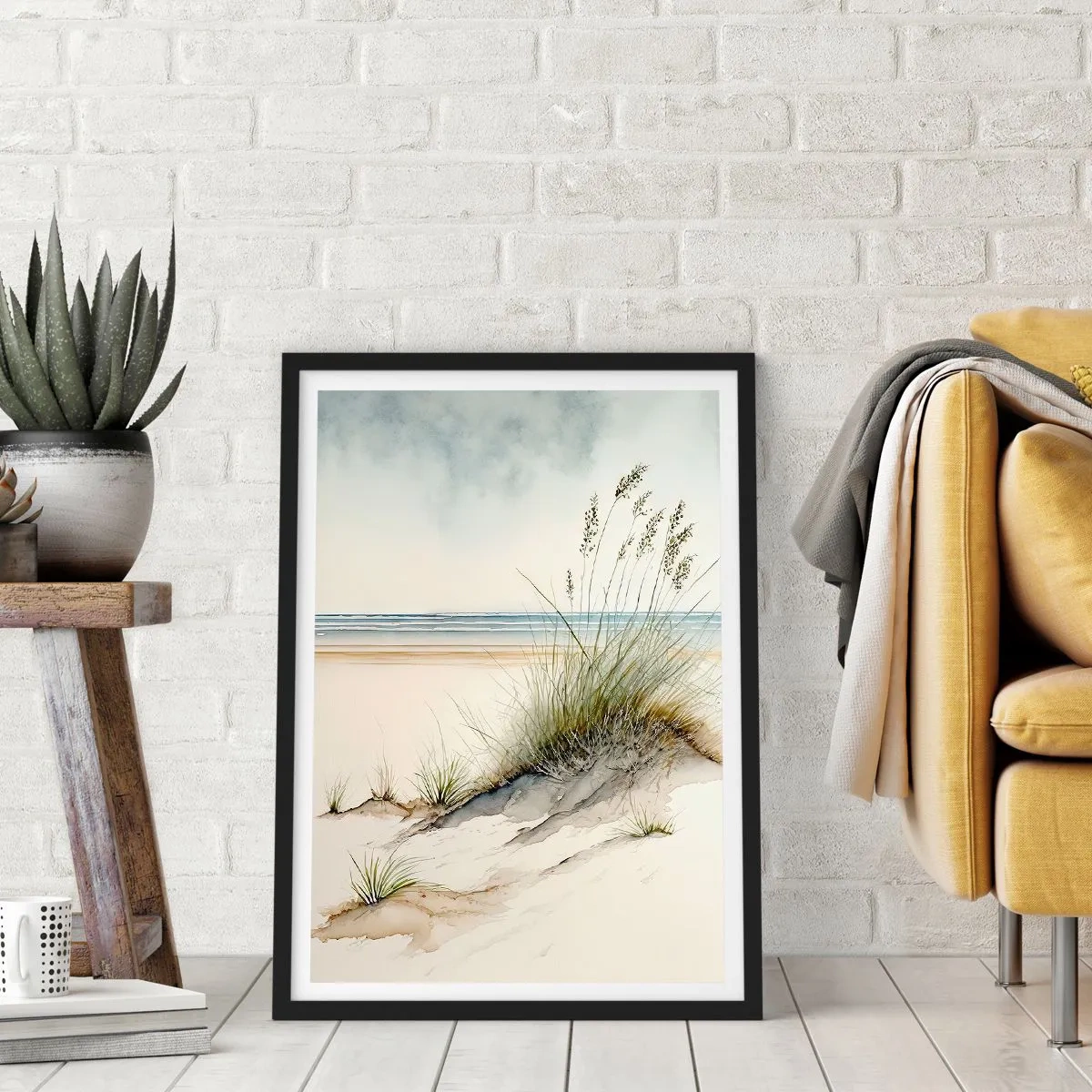 Poster in einem schwarzem Rahmen - Vom Wind gestreichelt - Gräser auf den Dünen am Strand - 50x70cm - Vom Wind verwöhnt - Moderne Wanddekoration für Wohnzimmer und Schlafzimmer ARTTOR