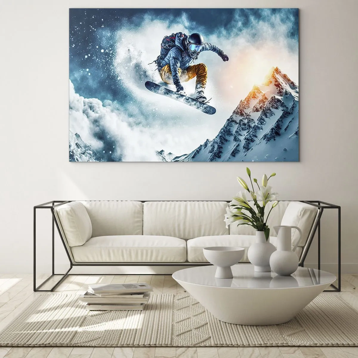 Glasbild - Bild auf glas - Ein Snowboarder fliegt über schneebedeckte Berge - 100x70cm - Extreme Emotionen - Moderne Wanddekoration für Wohnzimmer und Schlafzimmer ARTTOR