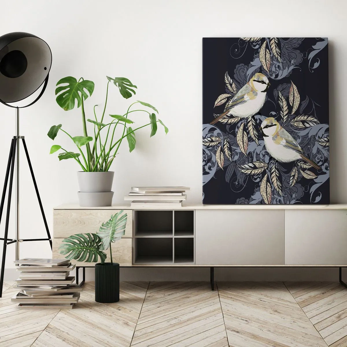 Bild auf Leinwand - Leinwandbild - Vögel auf Zweigen vor ornamentalem Hintergrund - 50x70cm - Gelb-blauer Triller - Moderne Wanddekoration für Wohnzimmer und Schlafzimmer ARTTOR