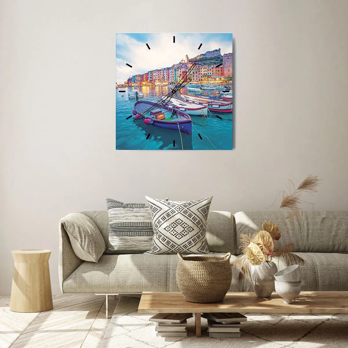 Wanduhr - Glasuhr - Bunter Abend im Hafen - 30x30 cm