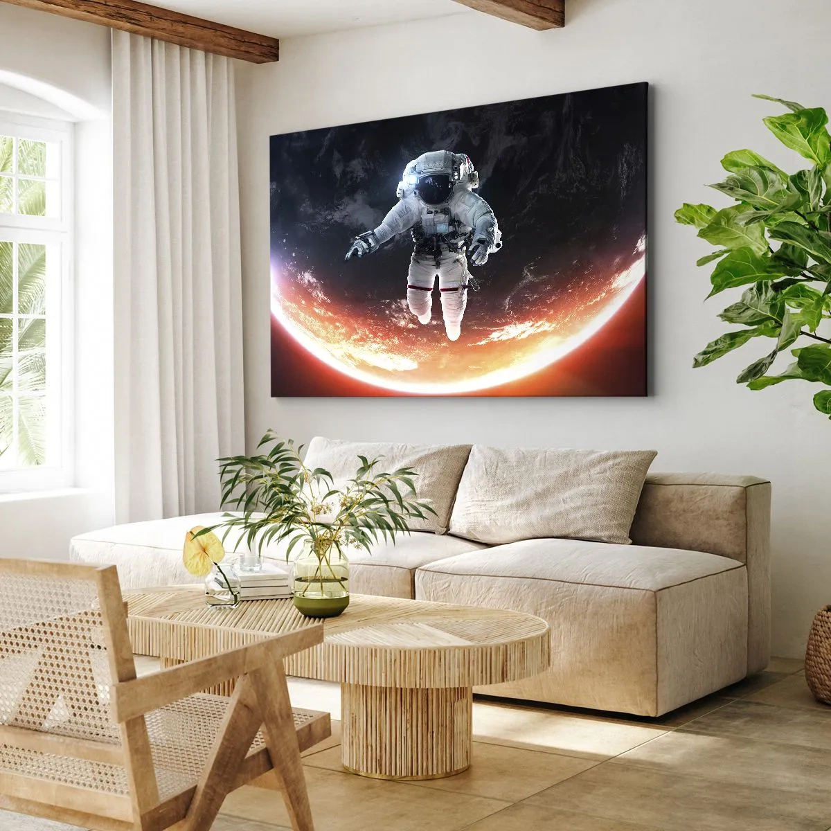 Bild auf Leinwand - Leinwandbild - Ein Astronaut schwebt über einer sonnenbeschienenen Erde - 100x70cm - Kann ich noch eine Weile bleiben? - Moderne Wanddekoration für Wohnzimmer und Schlafzimmer ARTTOR