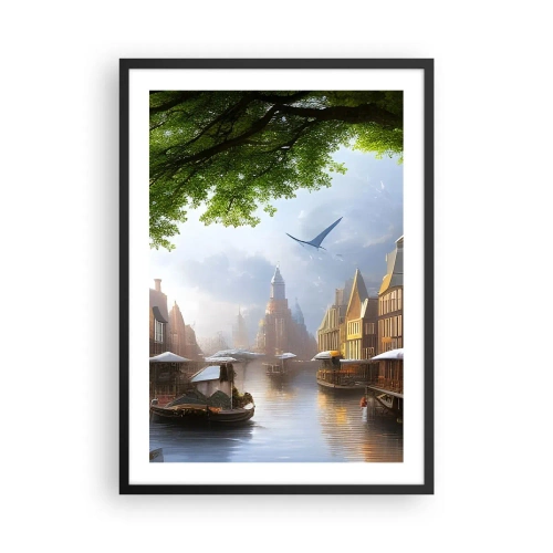 Poster in einem schwarzem Rahmen - Malerischer Blick auf den Kanal mit historischer Architektur - 50x70cm - Niederländisches Stadtbild - Moderne Wanddekoration für Wohnzimmer und Schlafzimmer ARTTOR