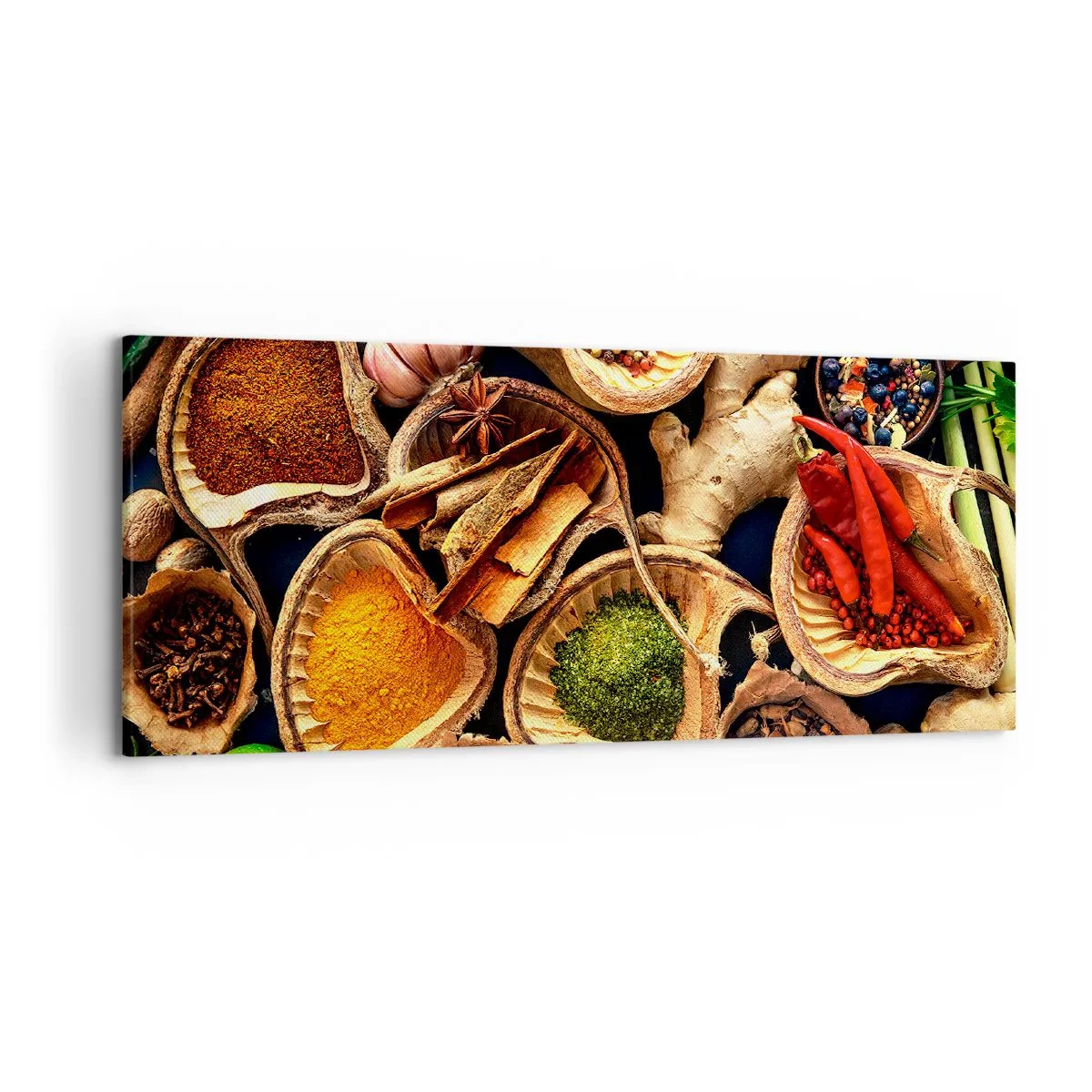 Bild auf Leinwand - Leinwandbild - Schalen mit Gewürzen in verschiedenen Farben - 120x50cm - Nimm was du willst - Moderne Wanddekoration für Wohnzimmer und Schlafzimmer ARTTOR