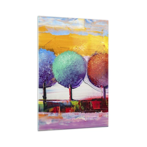 Glasbild - Bild auf glas - Drei bunte Bäume auf abstraktem Hintergrund - 70x100cm - Aller guten Dinge sind drei - Moderne Wanddekoration für Wohnzimmer und Schlafzimmer ARTTOR