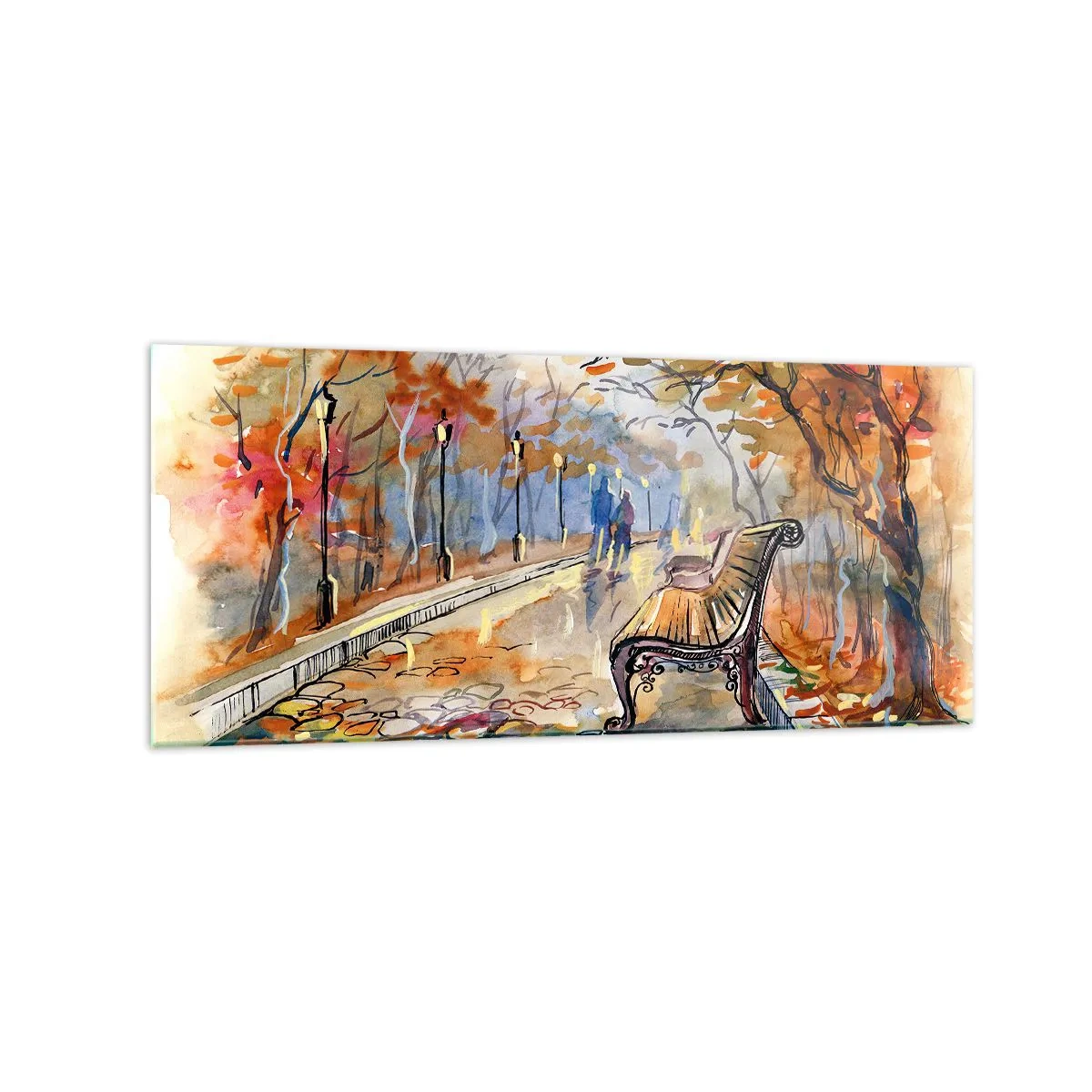 Glasbild - Bild auf glas - Ein herbstlicher Park mit einer Bank in Aquarell - 120x50cm - Gemeinsam im Herbst wandern - Moderne Wanddekoration für Wohnzimmer und Schlafzimmer ARTTOR