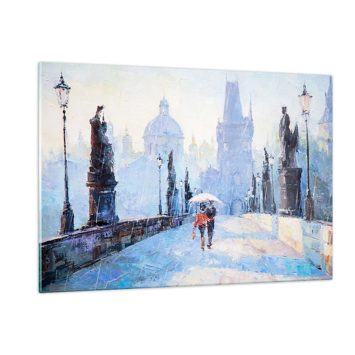 Glasbild - Bild auf glas - An einem regnerischen Tag mit einem Regenschirm über eine historische Brücke spazieren - 120x80cm - Der Regen muss uns verzaubert haben - Moderne Wanddekoration für Wohnzimmer und Schlafzimmer ARTTOR