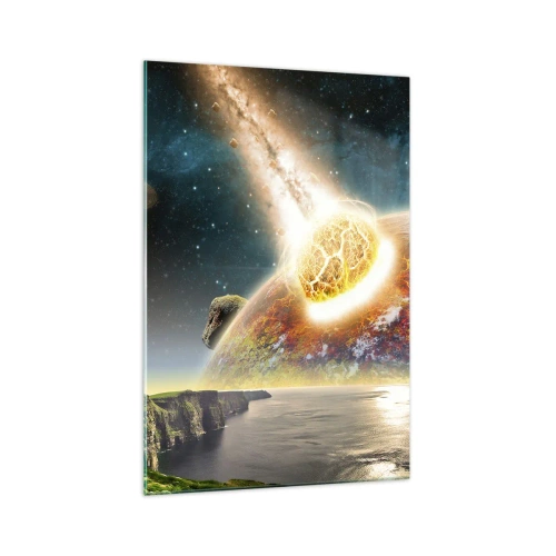Glasbild - Bild auf glas - Ein Meteorit kollidiert mit einem Planeten in einer kosmischen Landschaft. - 70x100cm - Kosmisches Drama - Moderne Wanddekoration für Wohnzimmer und Schlafzimmer ARTTOR