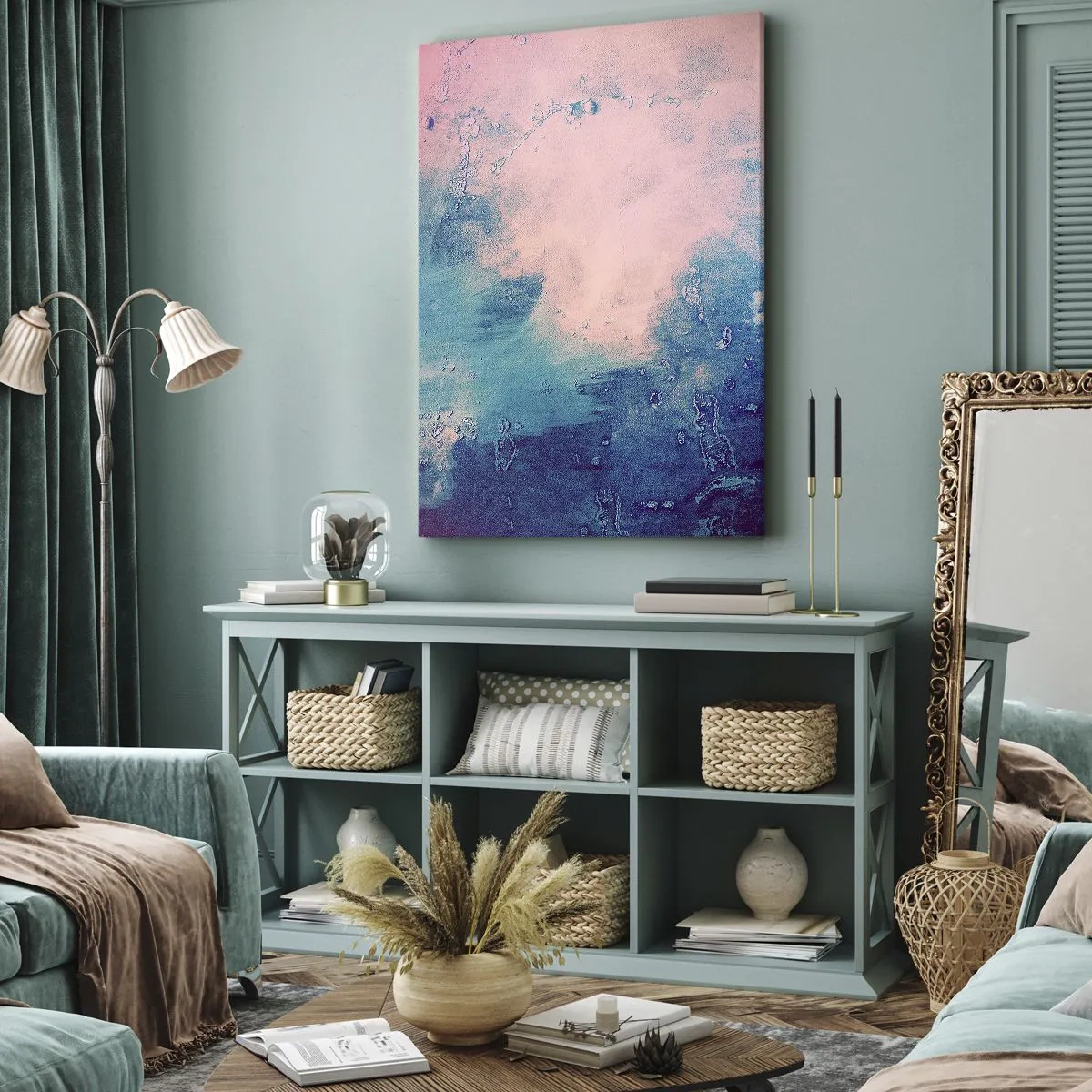 Bild auf Leinwand - Leinwandbild - Abstrakte Textur in Rosa- und Blautönen - 50x70cm - Himmelsblaue Umarmungen - Moderne Wanddekoration für Wohnzimmer und Schlafzimmer ARTTOR