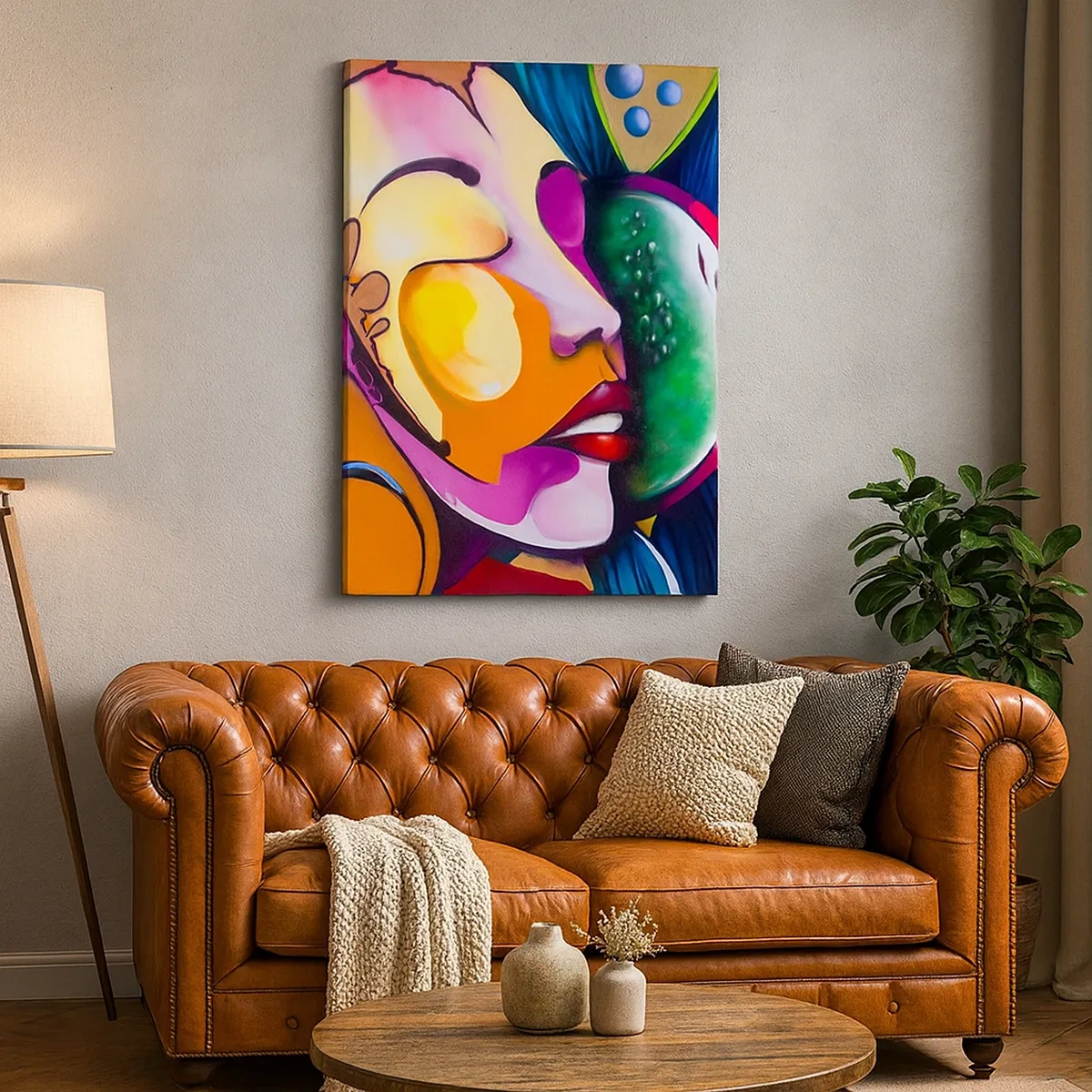 Bild auf Leinwand - Leinwandbild - Eine farbenfrohe Abstraktion mit einem Gesichtsmotiv in einer dynamischen Komposition - 50x70cm - Mit Farbe berühren - Moderne Wanddekoration für Wohnzimmer und Schlafzimmer ARTTOR