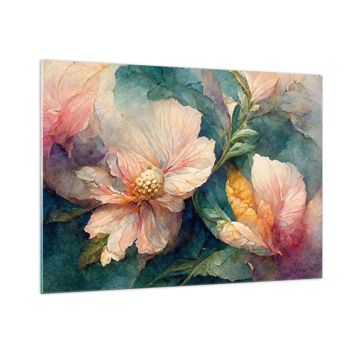 Glasbild - Bild auf glas - Zarte Blüten in pastelligen Aquarelltönen - 100x70cm - Pure Subtilität - Moderne Wanddekoration für Wohnzimmer und Schlafzimmer ARTTOR