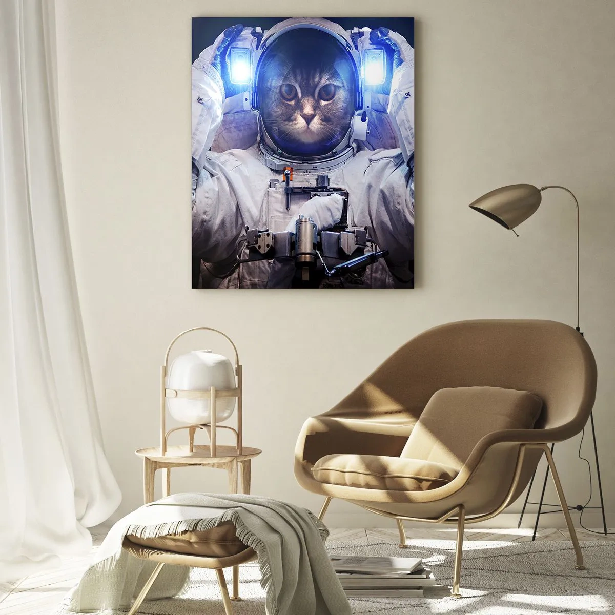 Glasbild - Bild auf glas - Eine Katze im Astronautenanzug mit der Erde im Hintergrund und einem hellen Licht. - 80x120cm - Houston, du hast ein Problem - Moderne Wanddekoration für Wohnzimmer und Schlafzimmer ARTTOR