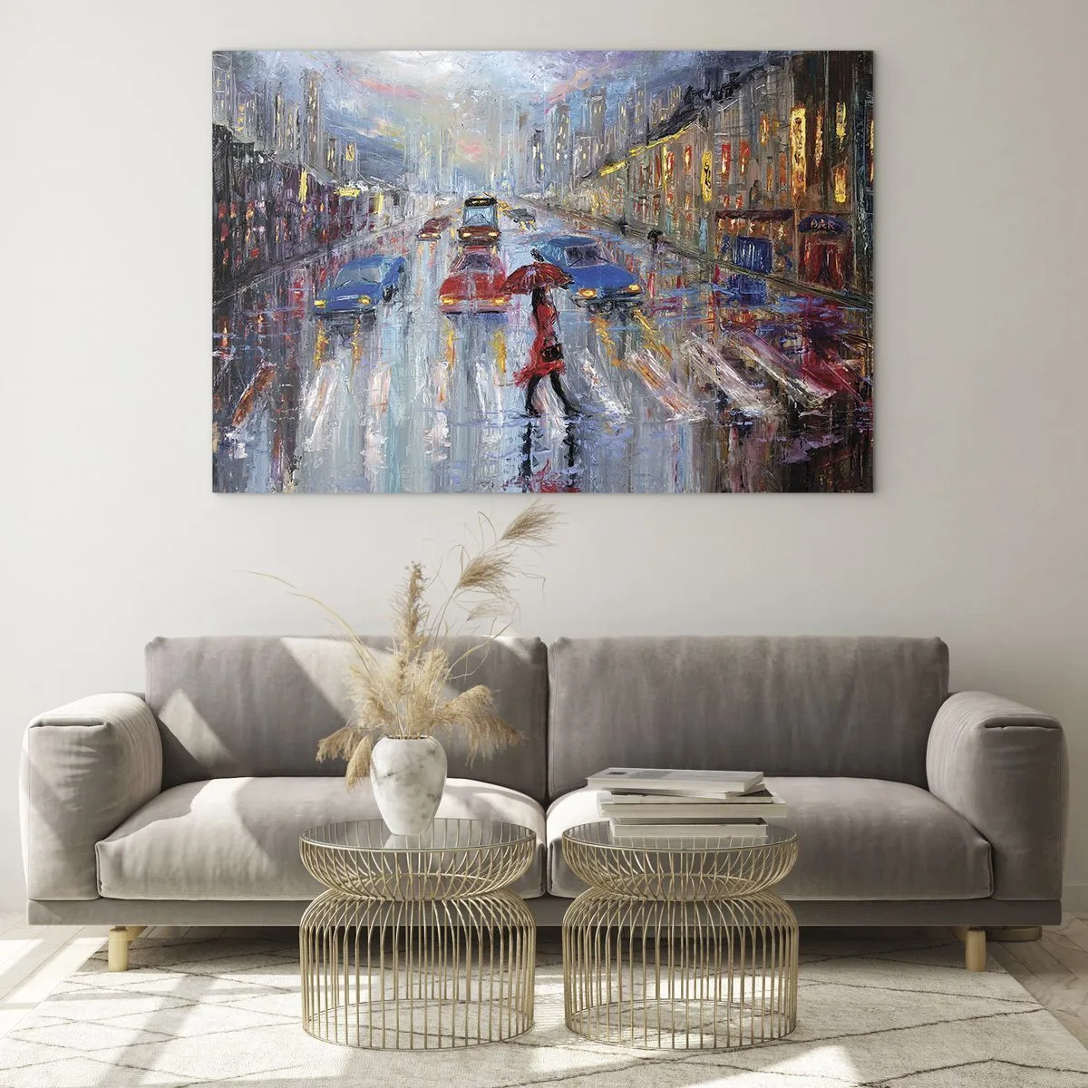 Glasbild - Bild auf glas - Stadtszene bei Nacht mit Regen und bunten Lichtern - 70x50cm - Regnerischer Nachmittag in der Stadt - Moderne Wanddekoration für Wohnzimmer und Schlafzimmer ARTTOR