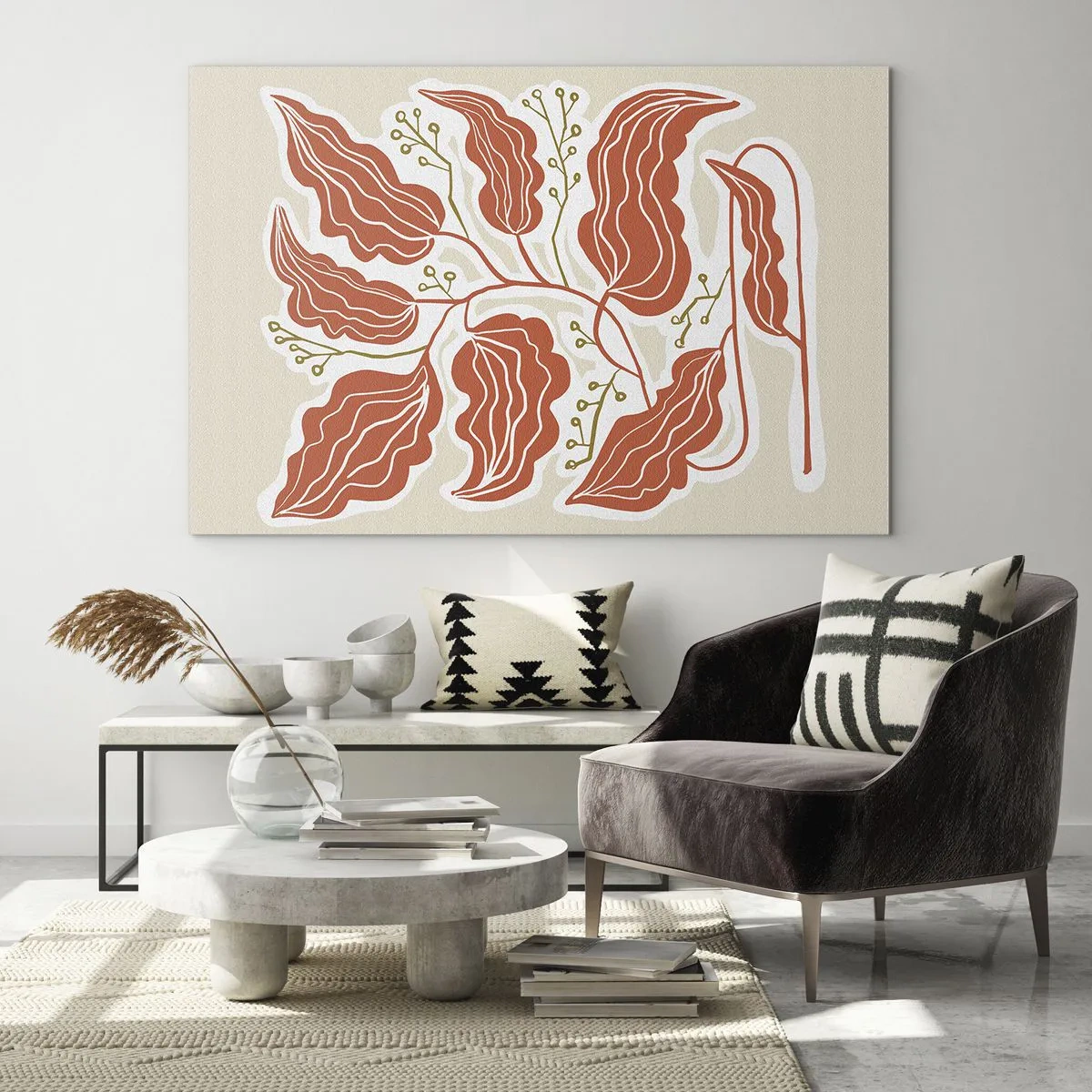 Glasbild - Bild auf glas - Korallenblätter mit volkstümlichem Muster auf hellem Hintergrund - 70x50cm - Im Folkstil und korallenartig - Moderne Wanddekoration für Wohnzimmer und Schlafzimmer ARTTOR