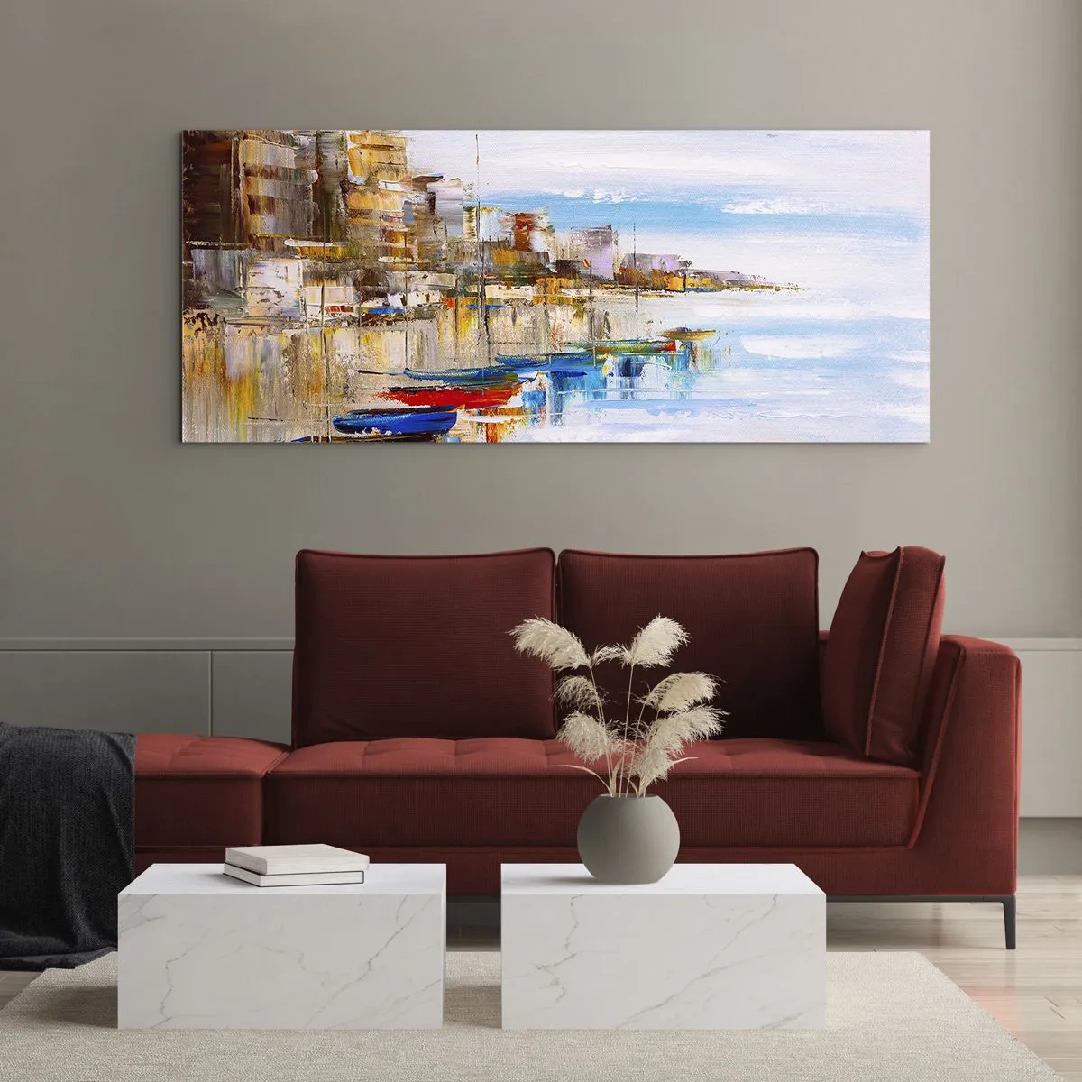 Glasbild - Bild auf glas - Bunte Boote am Ufer mit Blick auf die Skyline der Stadt - 120x50cm - Bunte urbane Oase - Moderne Wanddekoration für Wohnzimmer und Schlafzimmer ARTTOR