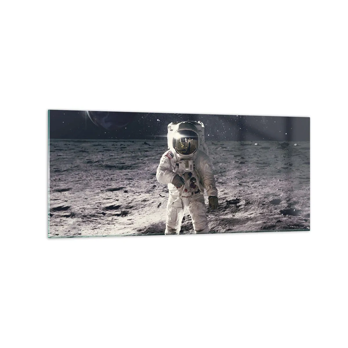 Glasbild - Bild auf glas - Astronaut auf der Mondoberfläche mit der Erde im Hintergrund - 120x50cm - Grüße vom Mond - Moderne Wanddekoration für Wohnzimmer und Schlafzimmer ARTTOR