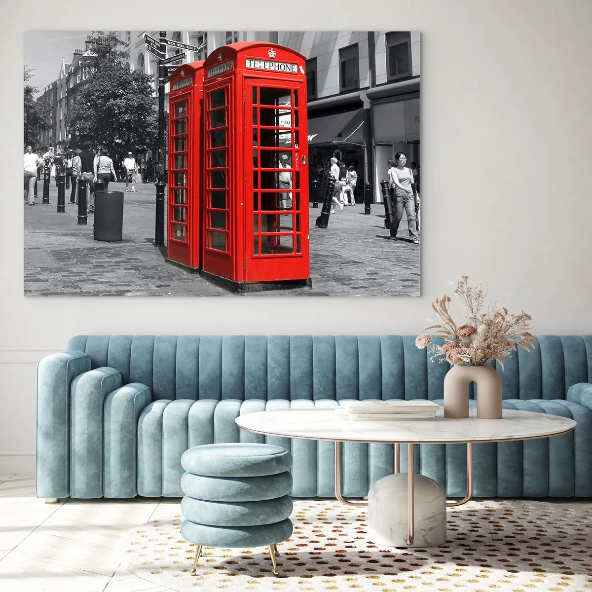 Glasbild - Bild auf glas - Rote Telefonzellen auf einer Londoner Straße - 70x50cm - Rote Telefonzellen - Moderne Wanddekoration für Wohnzimmer und Schlafzimmer ARTTOR